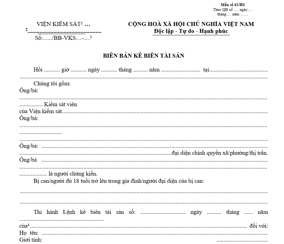 Mẫu biên bản kê biên tài sản Mẫu biên bản kê biên tài sản