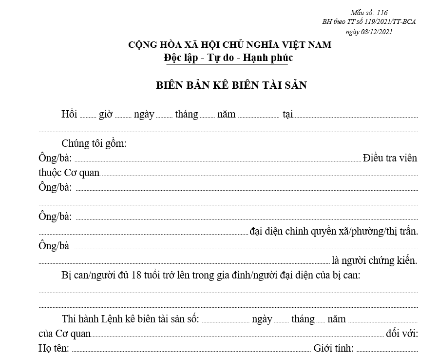 Mẫu biên bản kê biên tài sản Mẫu biên bản kê biên tài sản