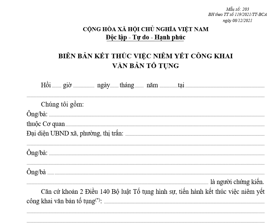 Mẫu biên bản kết thúc việc niêm yết công khai văn bản tố tụng Mẫu biên bản kết thúc việc niêm yết công khai văn bản tố tụng