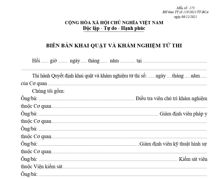 Mẫu biên bản khai quật và khám nghiệm tử thi Mẫu biên bản khai quật và khám nghiệm tử thi