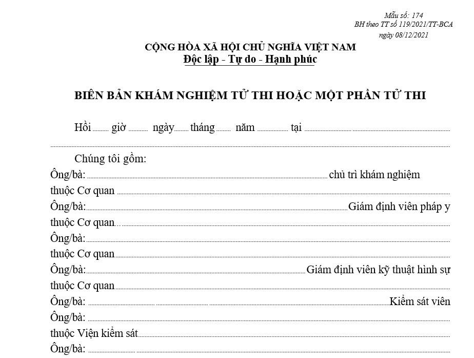 Mẫu biên bản khám nghiệm tử thi hoặc một phần tử thi Mẫu biên bản khám nghiệm tử thi hoặc một phần tử thi