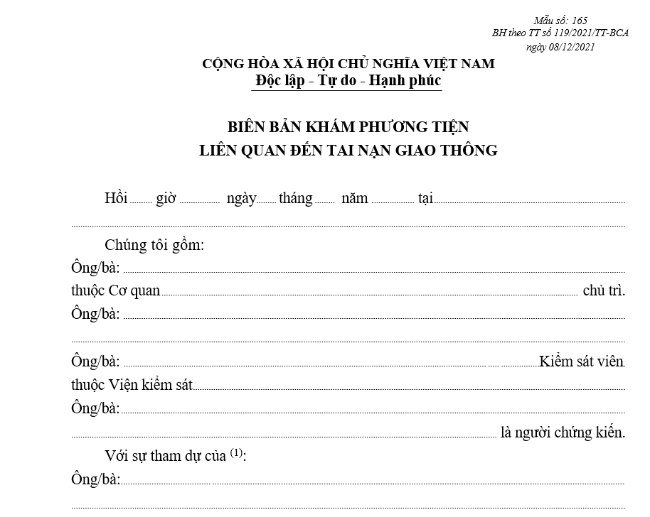 Mẫu biên bản khám phương tiện liên quan đến tai nạn giao thông Mẫu biên bản khám phương tiện liên quan đến tai nạn giao thông