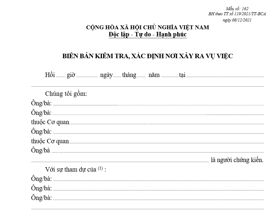 Mẫu biên bản kiểm tra, xác định nơi xảy ra vụ việc (dùng cho Công an cấp xã) Mẫu biên bản kiểm tra, xác định nơi xảy ra vụ việc (dùng cho Công an cấp xã)