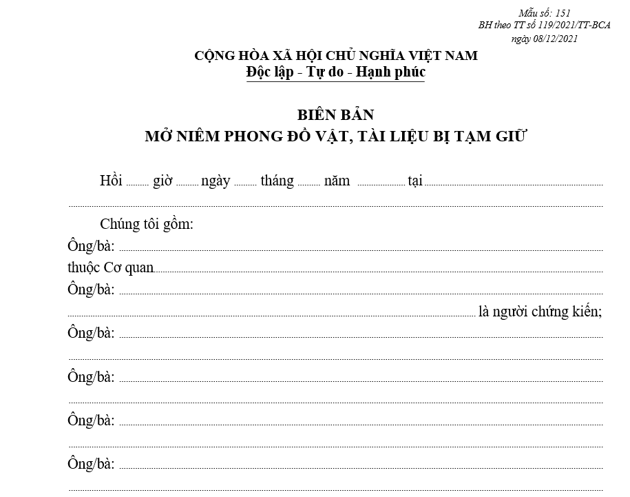 Mẫu biên bản mở niêm phong đồ vật, tài liệu bị tạm giữ Mẫu biên bản mở niêm phong đồ vật, tài liệu bị tạm giữ