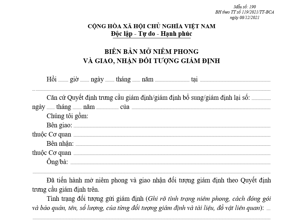 Mẫu biên bản mở niêm phong và giao, nhận đối tượng giám định Mẫu biên bản mở niêm phong và giao, nhận đối tượng giám định