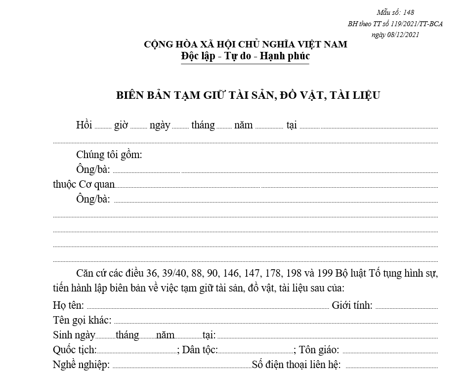 Mẫu biên bản tạm giữ tài sản, đồ vật, tài liệu Mẫu biên bản tạm giữ tài sản, đồ vật, tài liệu