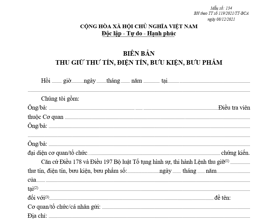 Mẫu biên bản thu giữ thư tín, điện tín, bưu kiện, bưu phẩm Mẫu biên bản thu giữ thư tín, điện tín, bưu kiện, bưu phẩm