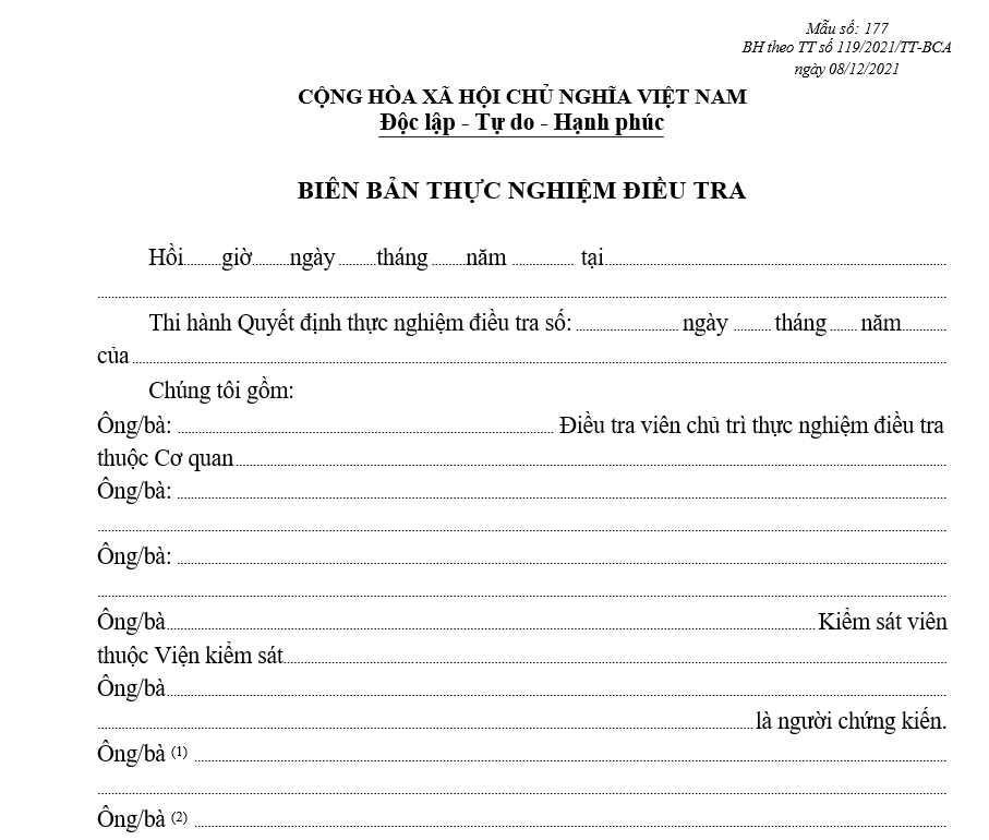 Mẫu biên bản thực nghiệm điều tra Mẫu biên bản thực nghiệm điều tra