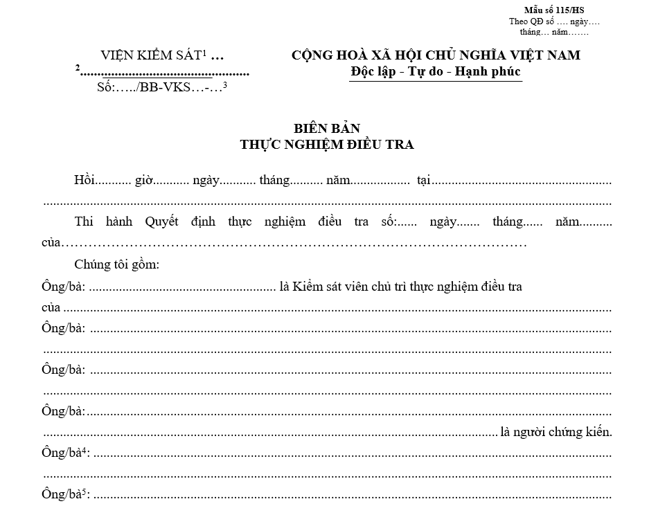 Mẫu biên bản thực nghiệm điều tra Mẫu biên bản thực nghiệm điều tra