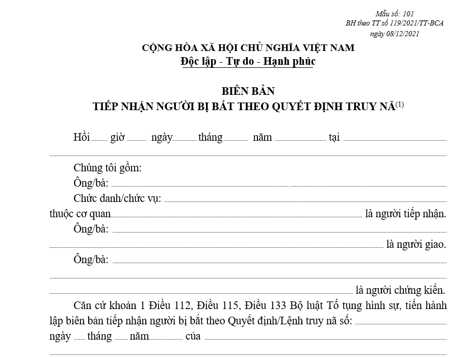 Mẫu biên bản tiếp nhận người bị bắt theo quyết định truy nã Mẫu biên bản tiếp nhận người bị bắt theo quyết định truy nã