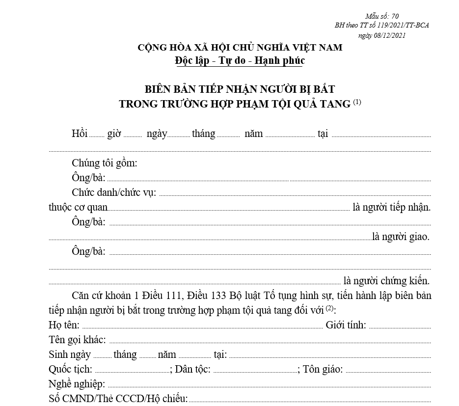 Mẫu biên bản tiếp nhận người bị bắt trong trường hợp phạm tội quả tang Mẫu biên bản tiếp nhận người bị bắt trong trường hợp phạm tội quả tang