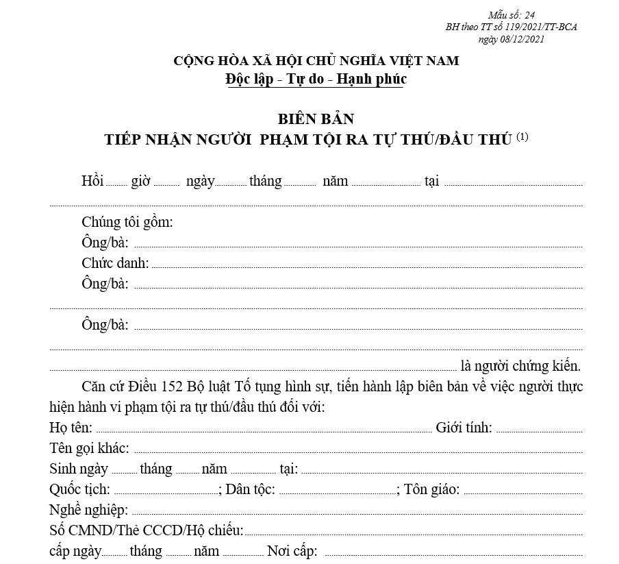 Mẫu biên bản tiếp nhận người phạm tội ra tự thú/đầu thú Mẫu biên bản tiếp nhận người phạm tội ra tự thú/đầu thú