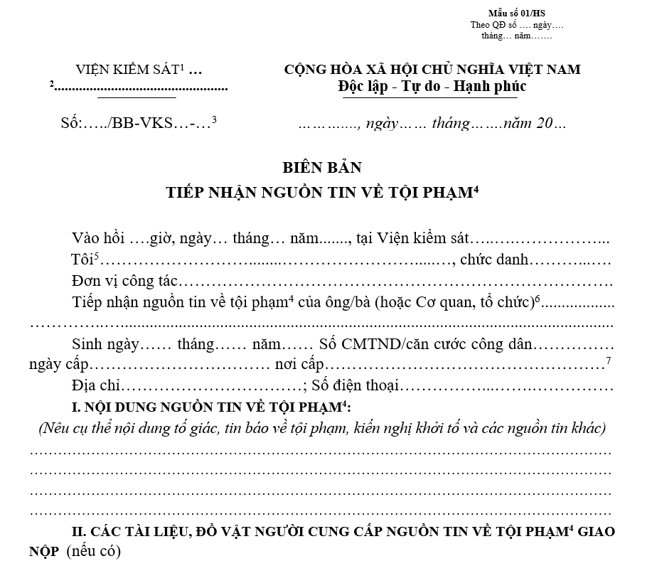 Mẫu biên bản tiếp nhận nguồn tin về tội phạm Mẫu biên bản tiếp nhận nguồn tin về tội phạm