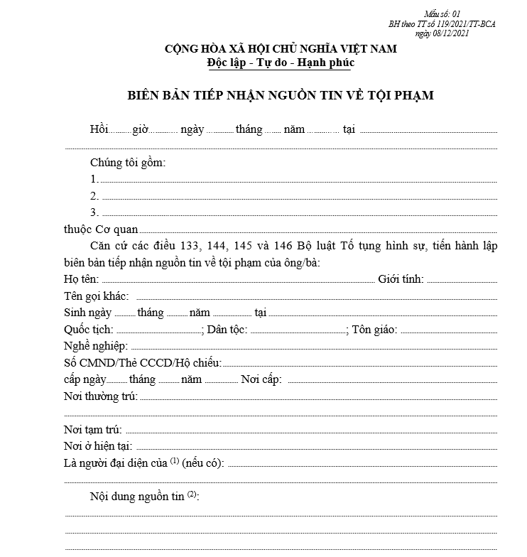Mẫu biên bản tiếp nhận nguồn tin về tội phạm Mẫu biên bản tiếp nhận nguồn tin về tội phạm