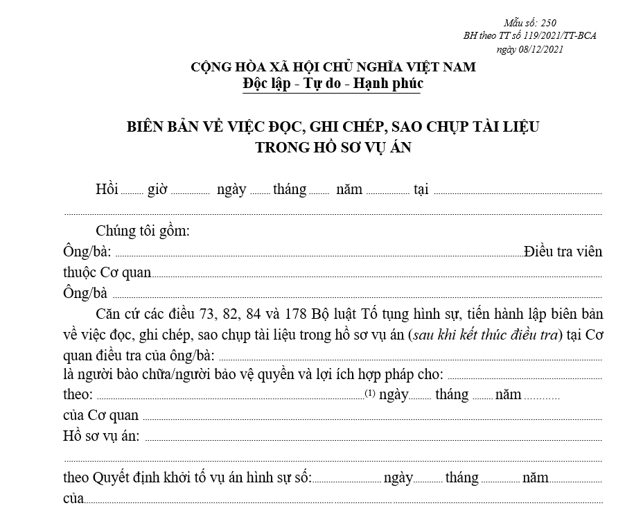 Mẫu biên bản về việc đọc, ghi chép, sao chụp tài liệu trong hồ sơ vụ án (Dùng cho người bào chữa, người bảo vệ quyền và lợi ích hợp pháp của bị hại, đương sự) Mẫu biên bản về việc đọc, ghi chép, sao chụp tài liệu trong hồ sơ vụ án (Dùng cho người bào chữa, người bảo vệ quyền và lợi ích hợp pháp của bị hại, đương sự)