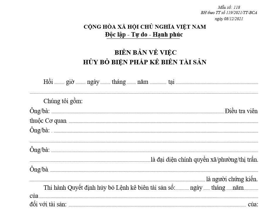 Mẫu biên bản về việc hủy bỏ biện pháp kê biên tài sản Mẫu biên bản về việc hủy bỏ biện pháp kê biên tài sản