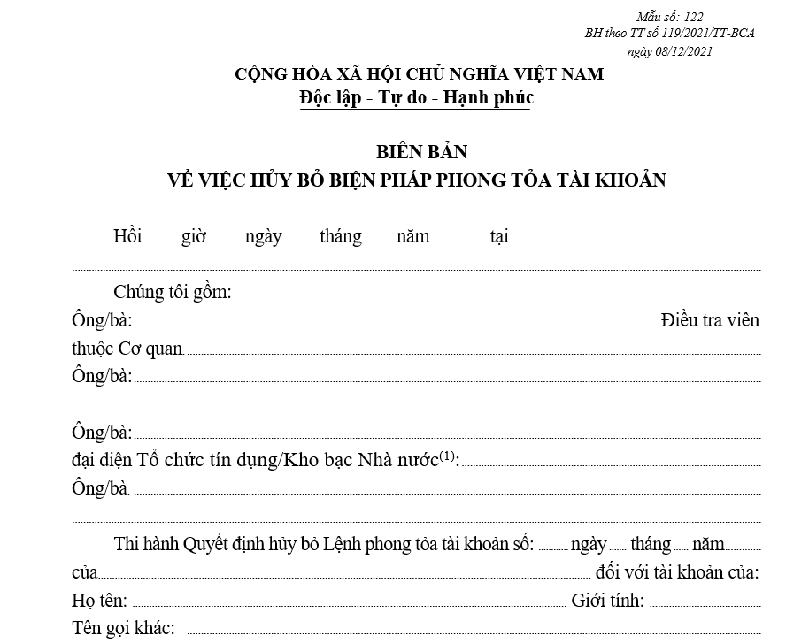 Mẫu biên bản về việc hủy bỏ biện pháp phong tỏa tài khoản Mẫu biên bản về việc hủy bỏ biện pháp phong tỏa tài khoản