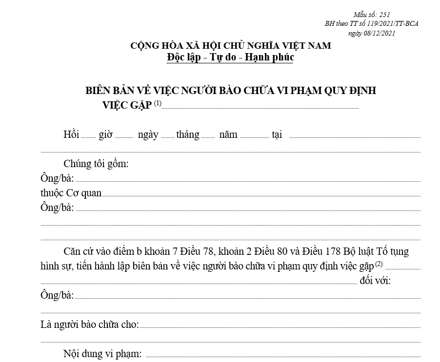 Mẫu biên bản về việc người bào chữa vi phạm quy định việc gặp người bị bắt, bị tạm giữ, bị can hoặc bị cáo đang bị tạm giam Mẫu biên bản về việc người bào chữa vi phạm quy định việc gặp người bị bắt, bị tạm giữ, bị can hoặc bị cáo đang bị tạm giam
