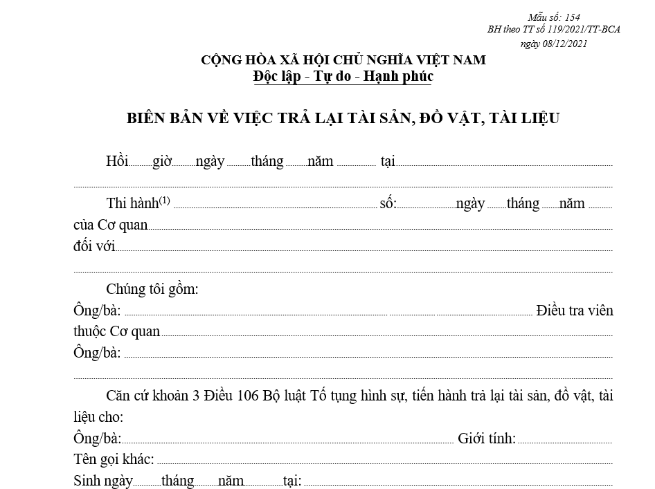 Mẫu biên bản về việc trả lại tài sản, đồ vật, tài liệu Mẫu biên bản về việc trả lại tài sản, đồ vật, tài liệu