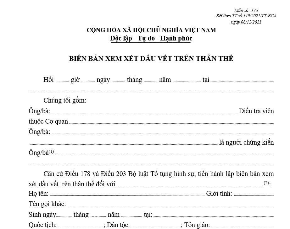 Mẫu biên bản xem xét dấu vết trên thân thể Mẫu biên bản xem xét dấu vết trên thân thể