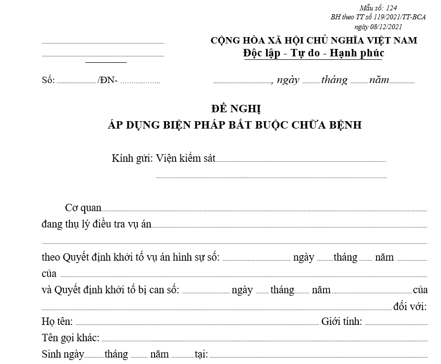 Mẫu đề nghị áp dụng biện pháp bắt buộc chữa bệnhMẫu đề nghị áp dụng biện pháp bắt buộc chữa bệnh Mẫu đề nghị áp dụng biện pháp bắt buộc chữa bệnh