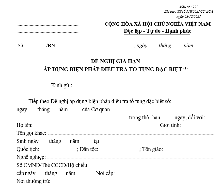 Mẫu đề nghị gia hạn áp dụng biện pháp điều tra tố tụng đặc biệt (Sử dụng cho Cơ quan điều tra cấp huyện hoặc Cơ quan điều tra quân sự khu vực) Mẫu đề nghị gia hạn áp dụng biện pháp điều tra tố tụng đặc biệt (Sử dụng cho Cơ quan điều tra cấp huyện hoặc Cơ quan điều tra quân sự khu vực)