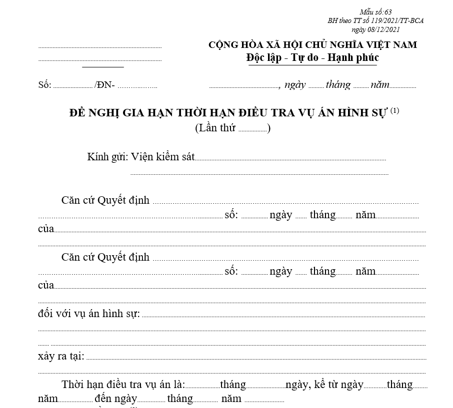 Mẫu đề nghị gia hạn thời hạn điều tra vụ án hình sự Mẫu đề nghị gia hạn thời hạn điều tra vụ án hình sự