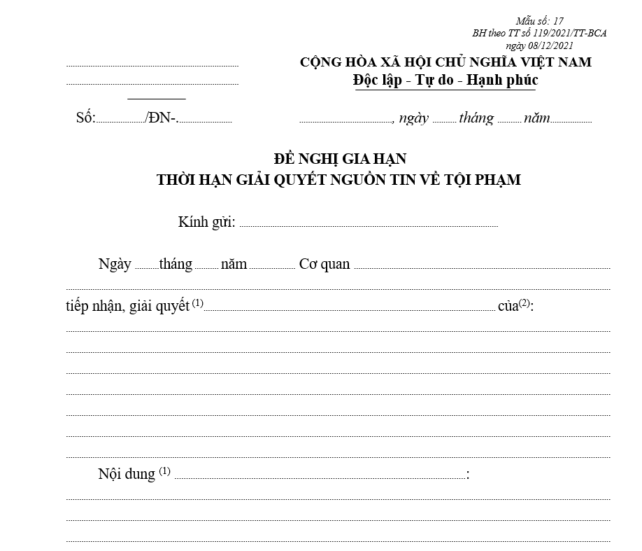 Mẫu đề nghị gia hạn thời hạn giải quyết nguồn tin về tội phạm Mẫu đề nghị gia hạn thời hạn giải quyết nguồn tin về tội phạm