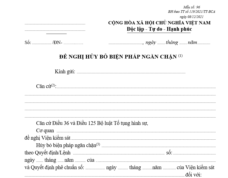Mẫu đề nghị hủy bỏ biện pháp ngăn chặn Mẫu đề nghị hủy bỏ biện pháp ngăn chặn