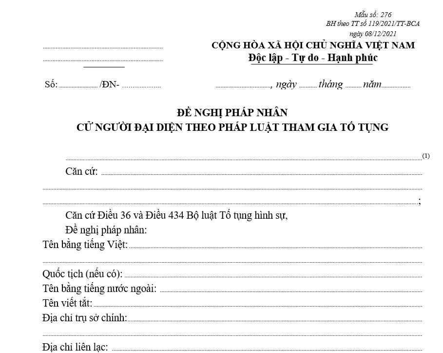 Mẫu đề nghị pháp nhân cử người đại diện theo pháp luật tham gia tố tụng Mẫu đề nghị pháp nhân cử người đại diện theo pháp luật tham gia tố tụng
