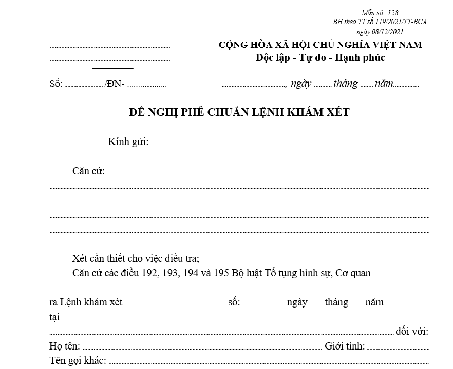 Mẫu đề nghị phê chuẩn Lệnh khám xét Mẫu đề nghị phê chuẩn Lệnh khám xét