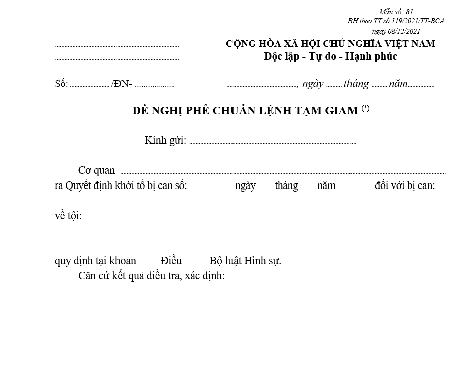 Mẫu đề nghị phê chuẩn Lệnh tạm giam Mẫu đề nghị phê chuẩn Lệnh tạm giam