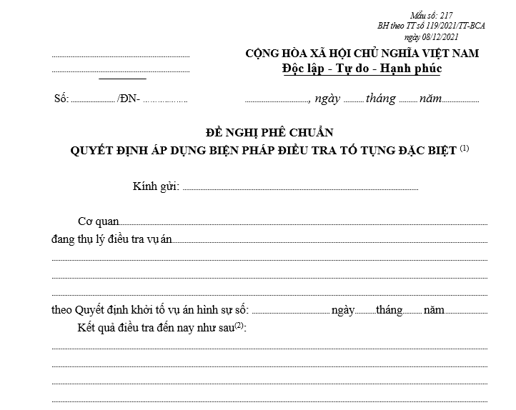 Mẫu đề nghị phê chuẩn Quyết định áp dụng biện pháp điều tra tố tụng đặc biệt (Sử dụng cho Cơ quan điều tra cấp tỉnh, Cơ quan điều tra quân sự cấp quân khu trở lên) Mẫu đề nghị phê chuẩn Quyết định áp dụng biện pháp điều tra tố tụng đặc biệt (Sử dụng cho Cơ quan điều tra cấp tỉnh, Cơ quan điều tra quân sự cấp quân khu trở lên)