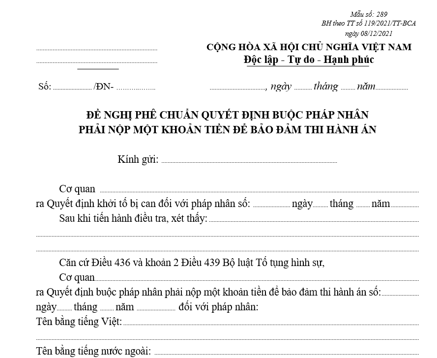 Mẫu đề nghị phê chuẩn Quyết định buộc pháp nhân phải nộp một khoản tiền để đảm bảo thi hành án Mẫu đề nghị phê chuẩn Quyết định buộc pháp nhân phải nộp một khoản tiền để đảm bảo thi hành án