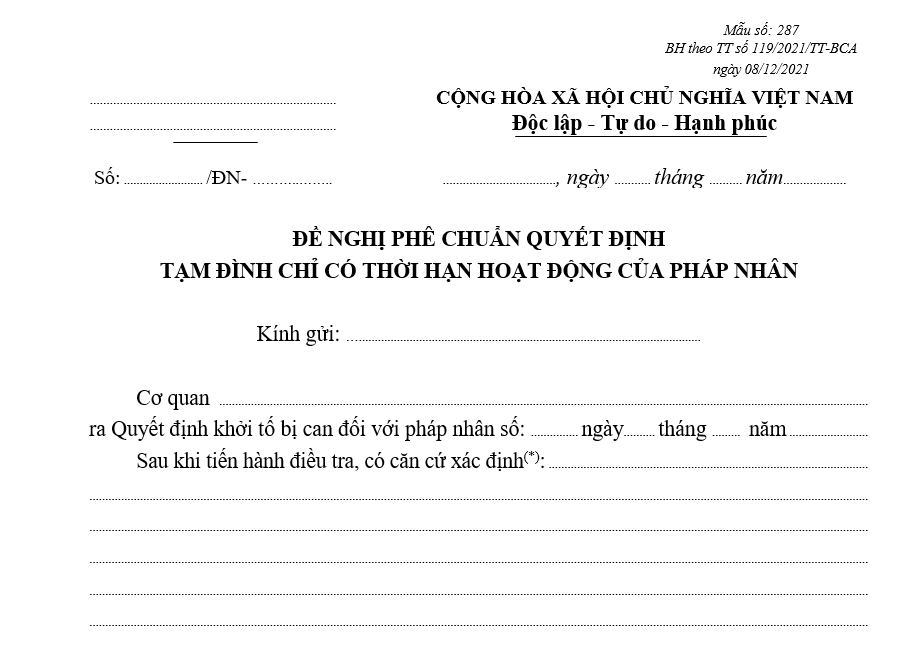 Mẫu đề nghị phê chuẩn Quyết định tạm đình chỉ có thời hạn hoạt động của pháp nhân Mẫu đề nghị phê chuẩn Quyết định tạm đình chỉ có thời hạn hoạt động của pháp nhân