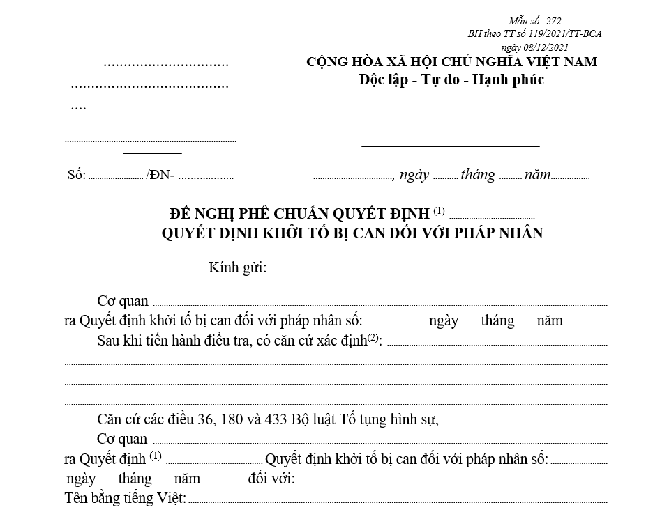 Mẫu đề nghị phê chuẩn Quyết định thay đổi/bổ sung Quyết định khởi tố bị can đối với pháp nhân Mẫu đề nghị phê chuẩn Quyết định thay đổi/bổ sung Quyết định khởi tố bị can đối với pháp nhân