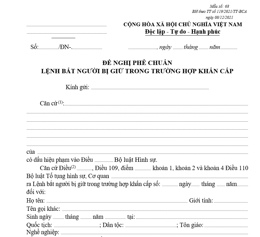 Mẫu đề nghị phê chuẩn lệnh bắt người bị giữ trong trường hợp khẩn cấp Mẫu đề nghị phê chuẩn lệnh bắt người bị giữ trong trường hợp khẩn cấp