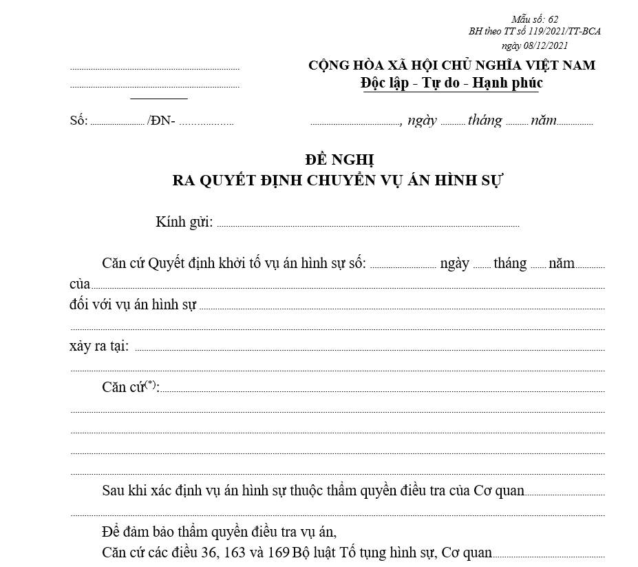 Mẫu đề nghị ra quyết định chuyển vụ án hình sự (Sử dụng chung cho cả pháp nhân) Mẫu đề nghị ra quyết định chuyển vụ án hình sự (Sử dụng chung cho cả pháp nhân)