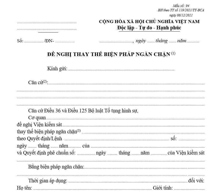 Mẫu đề nghị thay thế biện pháp ngăn chặn Mẫu đề nghị thay thế biện pháp ngăn chặn