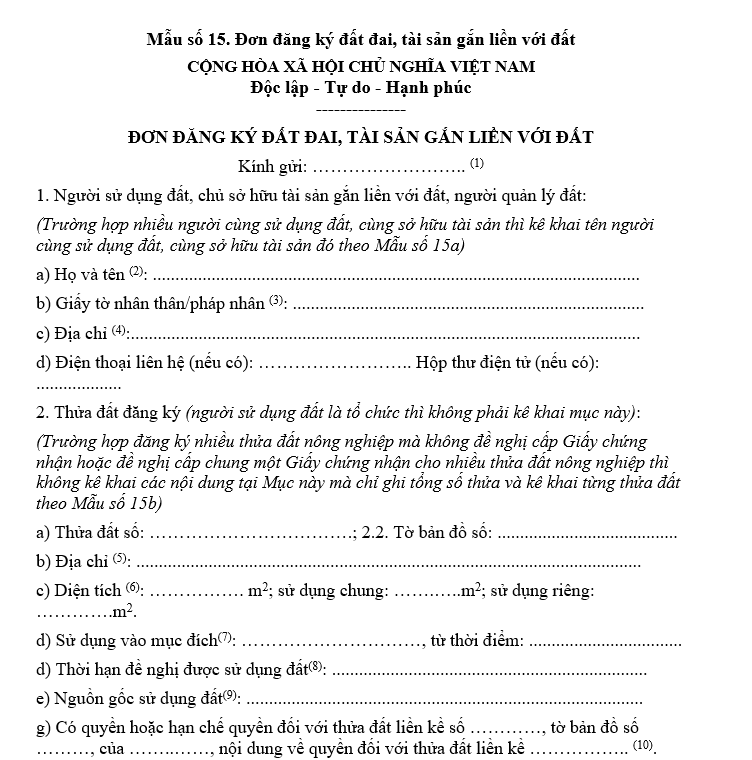 Mẫu đơn đăng ký đất đai, tài sản gắn liền với đất Mẫu đơn đăng ký đất đai, tài sản gắn liền với đất