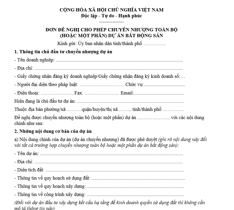 Mẫu đơn đề nghị cho phép chuyển nhượng toàn bộ hoặc một phần dự án bất động sản Mẫu đơn đề nghị cho phép chuyển nhượng toàn bộ hoặc một phần dự án bất động sản