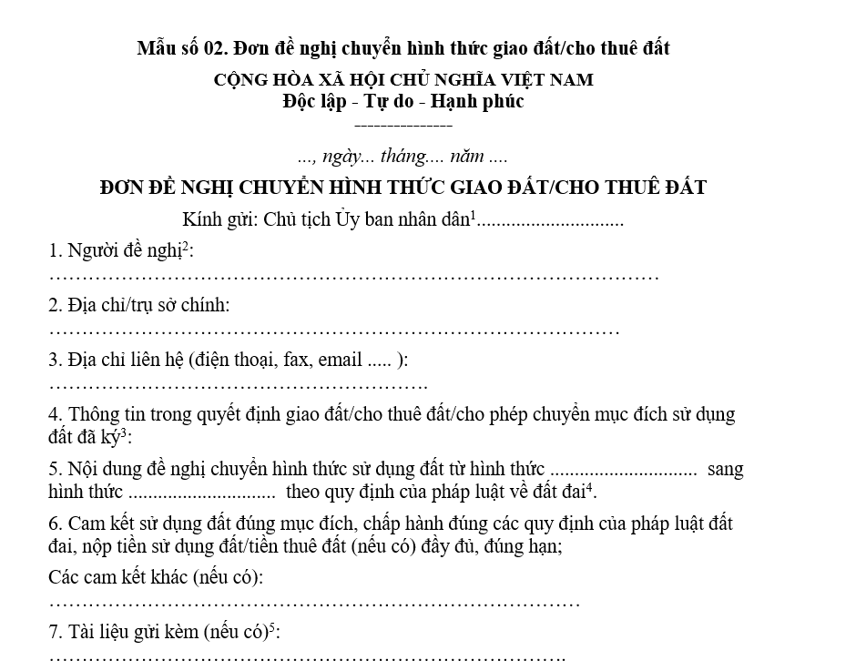 Mẫu đơn đề nghị chuyển hình thức giao đất/cho thuê đất Mẫu đơn đề nghị chuyển hình thức giao đất/cho thuê đất