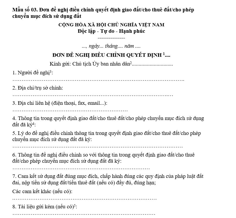 Mẫu đơn đề nghị điều chỉnh quyết định giao đất/cho thuê đất/cho phép chuyển mục đích sử dụng đất