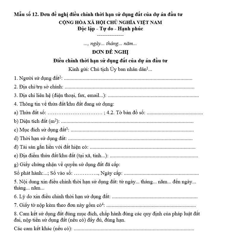 Mẫu đơn đề nghị điều chỉnh thời hạn sử dụng đất của dự án đầu tư