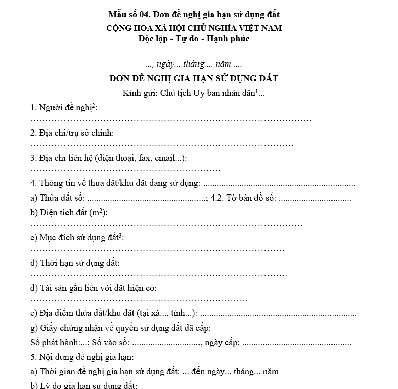 Mẫu đơn đề nghị gia hạn sử dụng đất Mẫu đơn đề nghị gia hạn sử dụng đất