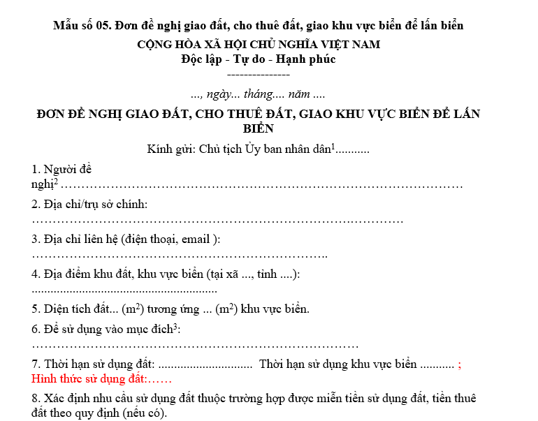 Mẫu đơn đề nghị giao đất, cho thuê đất, giao khu vực biển để lấn biển Mẫu đơn đề nghị giao đất, cho thuê đất, giao khu vực biển để lấn biển