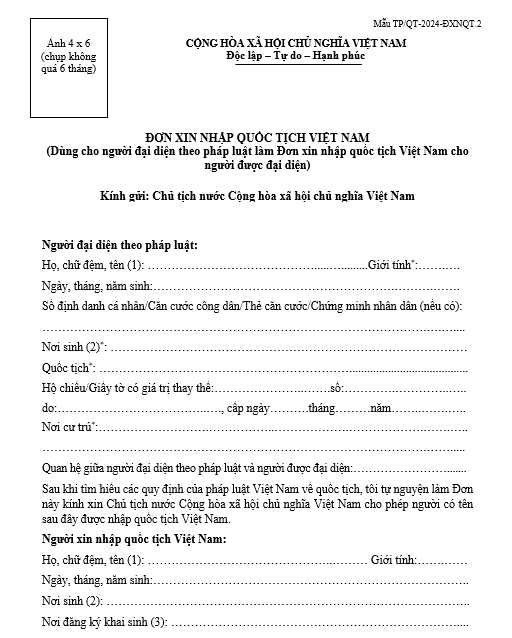 Mẫu đơn xin nhập quốc tịch Việt Nam (Dùng cho người đại diện theo pháp luật làm Đơn xin nhập quốc tịch Việt Nam cho người được đại diện) Mẫu đơn xin nhập quốc tịch Việt Nam (Dùng cho người đại diện theo pháp luật làm Đơn xin nhập quốc tịch Việt Nam cho người được đại diện)