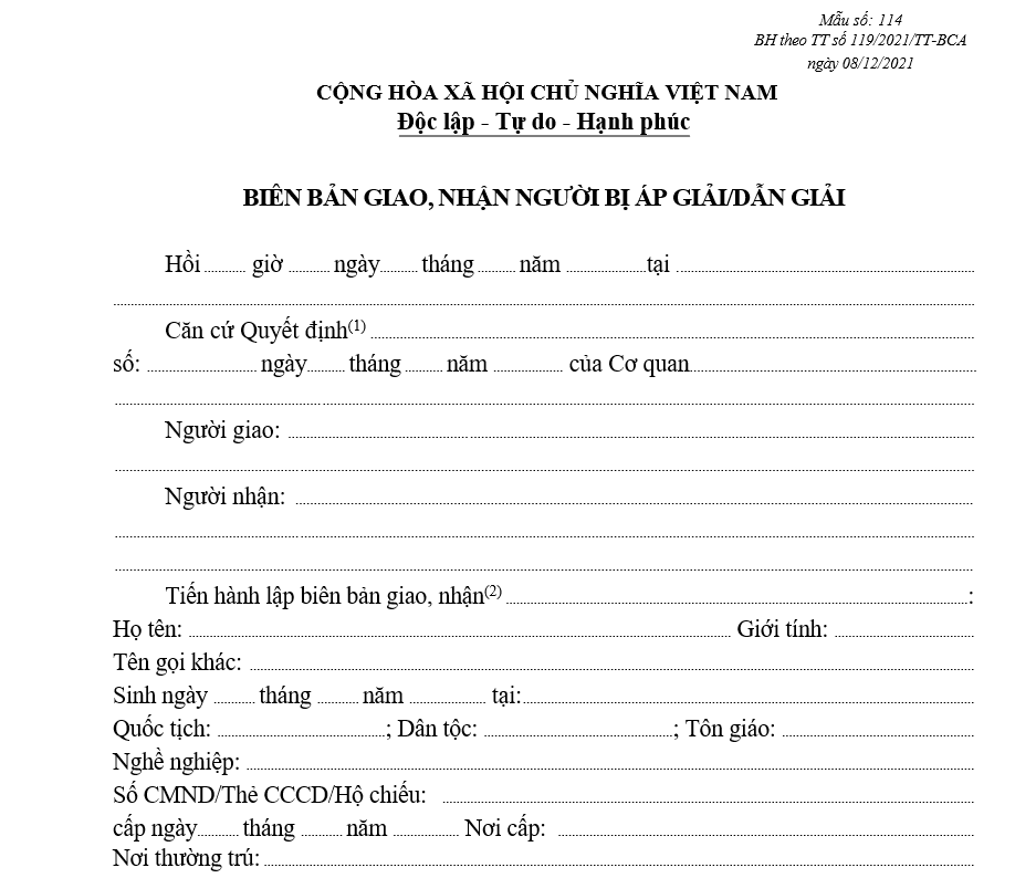 Mẫu giao, nhận người bị áp giải/dẫn giải Mẫu giao, nhận người bị áp giải/dẫn giải