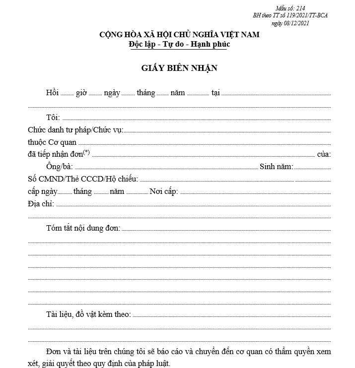 Mẫu giấy biên nhận Mẫu giấy biên nhận