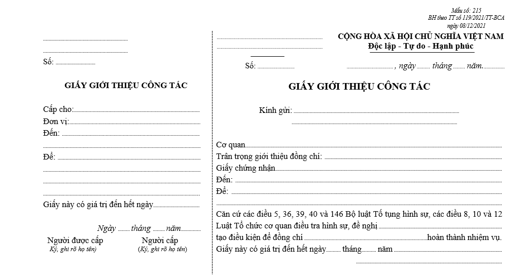 Mẫu giấy giới thiệu công tác (bìa 100g/m2) Mẫu giấy giới thiệu công tác (bìa 100gm2)